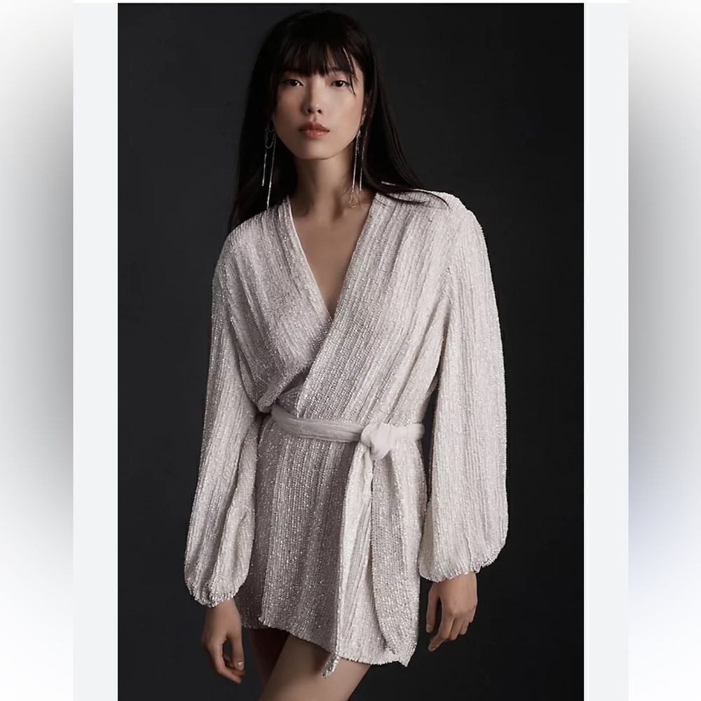 NWT Retrofete Gabrielle Sequin Robe Dress white mini party sash tie bridal XS